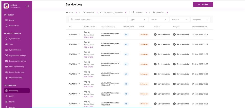 getBora — Service Log