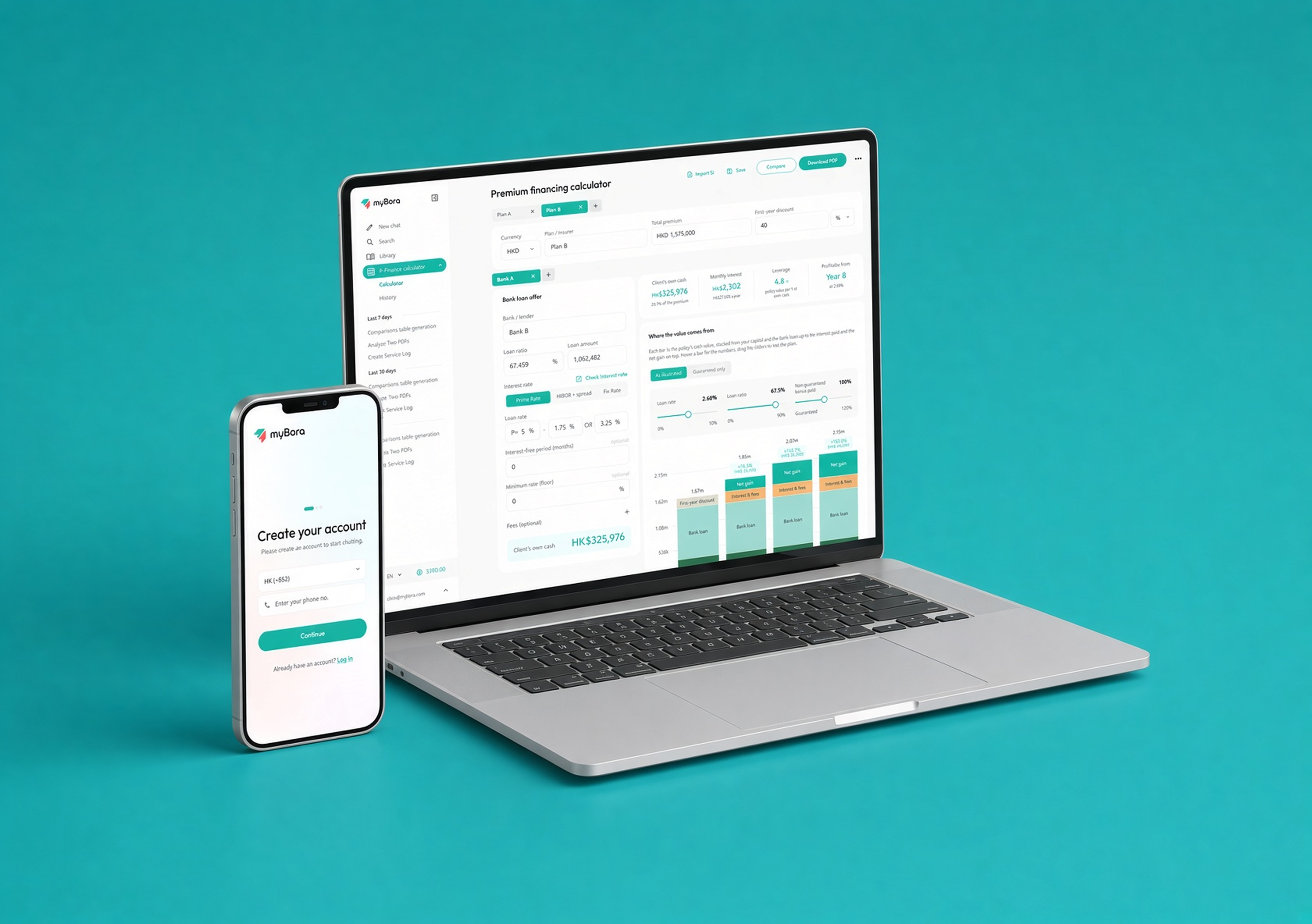 myBora premium financing calculator on MacBook and Create account on iPhone — advisor B2B workspace with illustrative figures